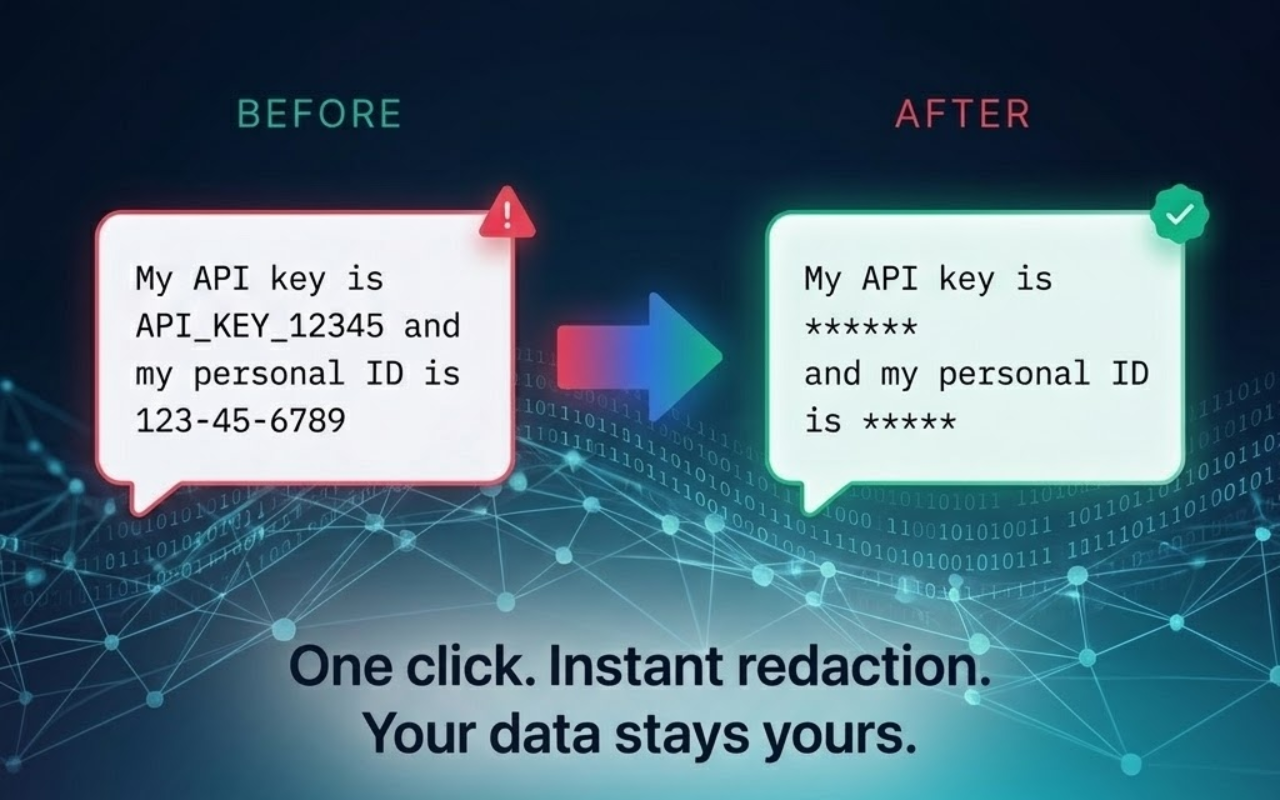 Before and after: error log sanitized with placeholder brackets before being pasted into AI